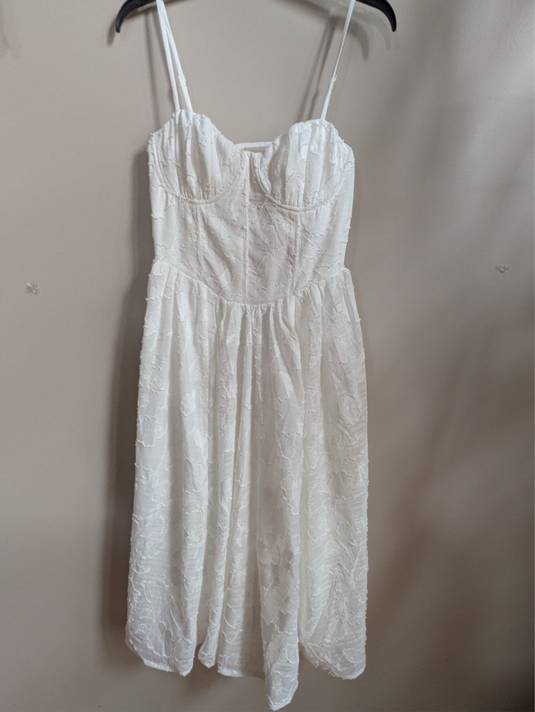 white embroidered chiffon strapless dress underwire lace up back size m #370