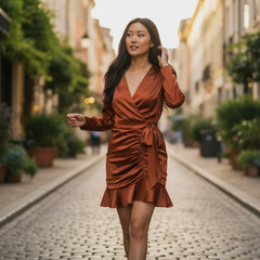 Veronica Beard Agatha 92% Silk Cognac Satin Wrap Ruched Dress Size 8