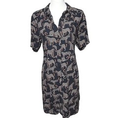 Sugarhill Brighton Navy Leopard Print Shirt Dress Short Sleeve US 12 Retro AOP