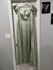 Light Green Satin Square Neck Ruffle Sleeve Floor Length Gown with Slit