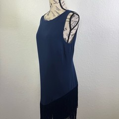 Trina Turk Alana navy swing size 6 mock pleat Elegant Navy Fringe Dress nwt