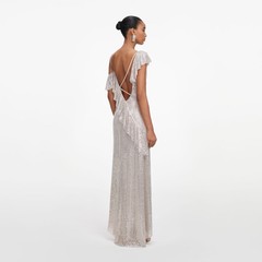 Self Portrait DRESS CHAMPAGNE RHINESTONE RUFFLE DRAPED $ 1030 Size US 4 UK 8