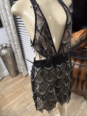 Sexy Transparent Halter Tassel Backless Sequined Crisscross Party Dress Med xb2