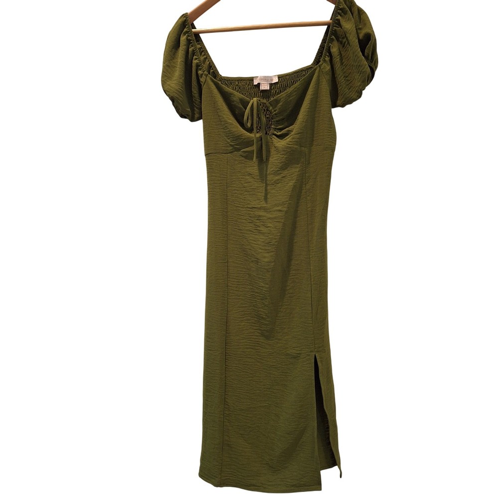 Monteau Midi Dress Sz M Green Puff Sleeve Smocked Slit Boho Peasant Renaissance