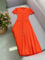 Sandro Hollowed-out Short sleeve Long style Lotus leaf edge Knitted Dresses