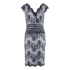 Tadashi Shoji 10 Navy Lace Overlay on Gray Viscose Cotton Nylon Poly Dress