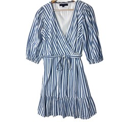 Tommy Hilfiger Blue White Stripe Wrap Dress Plunge Neck Tiered Preppy Nautical M