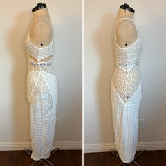 For Love & Lemons Tracy Knit Cutout Midi Dress in White, Boho Crochet Coverup, S