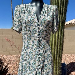 Floret Studios Womens Blue Green Floral Button Front Midi Dress Size Medium