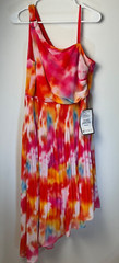 Adrianna Papell Asymmetric Chiffon Ankle Dress Red Multi-color Sz 12 Lined NWT