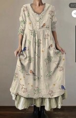Women’s Cottage Core Prairie Peasant Midi Dress Sz L Boho Bird Ruffle Tiered New