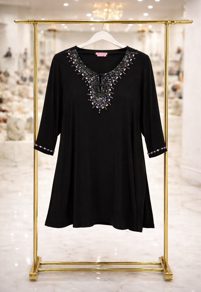 NEW Joyous & Free Black Beaded Sequin Jeweled Tunic Dress XL 3/4 Sleeve Stretch