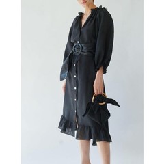 Sleeper Black Off-Shoulder Button-Front Ruffle-Hem Dress