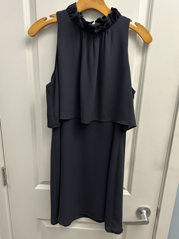 Veronica M Navy Solid Mock Ruffle Neck Sleeveless Layered Mini Shift Dress M