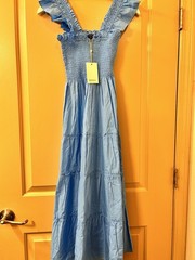NWT Quince Organic Cotton Smocked Midi Dress, Blue, XS