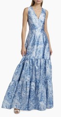 Sachin & Babi Rori Floral Tiered Mikado Gown in Hydrangea Blooms Blue Size 0