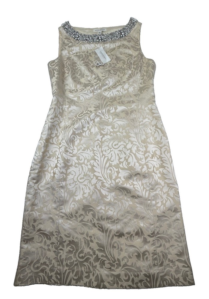 NWT BR Vintage-Inspired Womens Silk Cream Beige Dress Rhinestone Neck 8 Jacquard