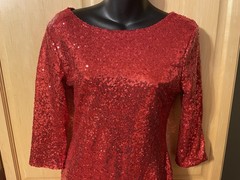 Sequin Dress 3/4 Sleeve Lined Back Zip Party Holiday Red Size Small
