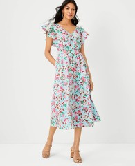 ANN TAYLOR Floral Aqua Blue V-neck Flutter Tea Dress| POPLIN COTTON | Summer
