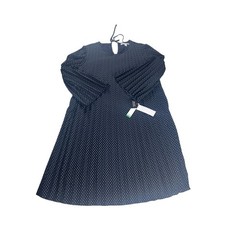Studio One New York Polka Dot Dress Navy Blue LS Tie Neck Pleated Hem Large New