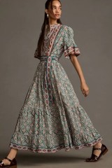 ANTHROPOLOGIE SUE SARTOR TIERED FLOUNCY KAFTAN MAXI SHIRT DRESS S $495