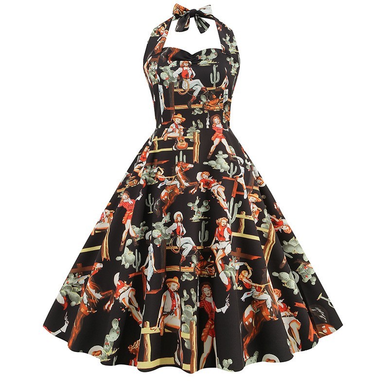 2026 New Audrey Hepburn Style Vintage Floral Print Halter Neck Swing Dress