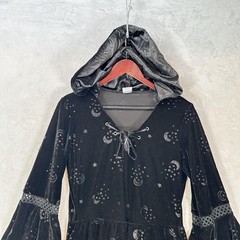 Spirit Dress Womens L Black Velvet Hooded Celestial Bell Sleeve Witch Gothic
