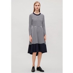 WOMEN&rsquo;S COS STRIPED NAUTICAL ASYMMETRICAL IVY LEAGUE NEW ENGLAND MIDI DRESS EUC