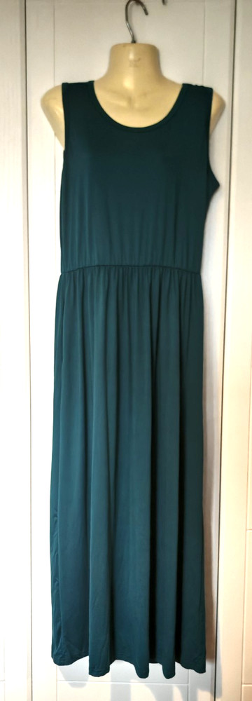 Summer teal turquoise green long soft maxi dress side pockets stretch L casual