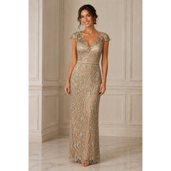 NWT KAY UNGER $650 Bronze Gold Sequined Metallic Lace Long Formal Dress Size 10