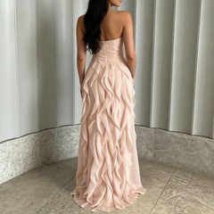 Strapless Ruffled Chiffon Maxi Dress Blush Pink Flowy Fringe Formal Evening Gown