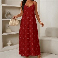 Red Heart Print Spaghetti Strap Sleeveless Maxi Dress Pullover L