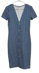 ZARA Checked Gingham Dress Womens Medium Blue White Midi Buttons Stretch