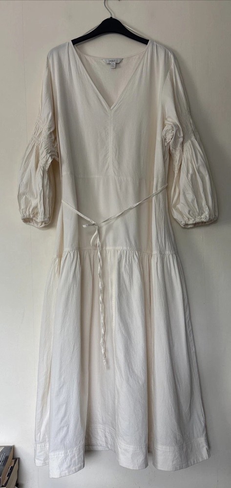 Marks & Spencer Cream Puff Sleeve V Neck Midi Dress Size UK 20