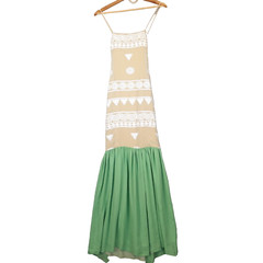Fairy Boho Waist Drop Sequin Dress XS Beige Green Silk Maxi Resort Cruise FLAWED