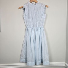 Vintage 60s Light Blue Daisy Embroidered Dress Mod High Neck Sleeveless XS/S