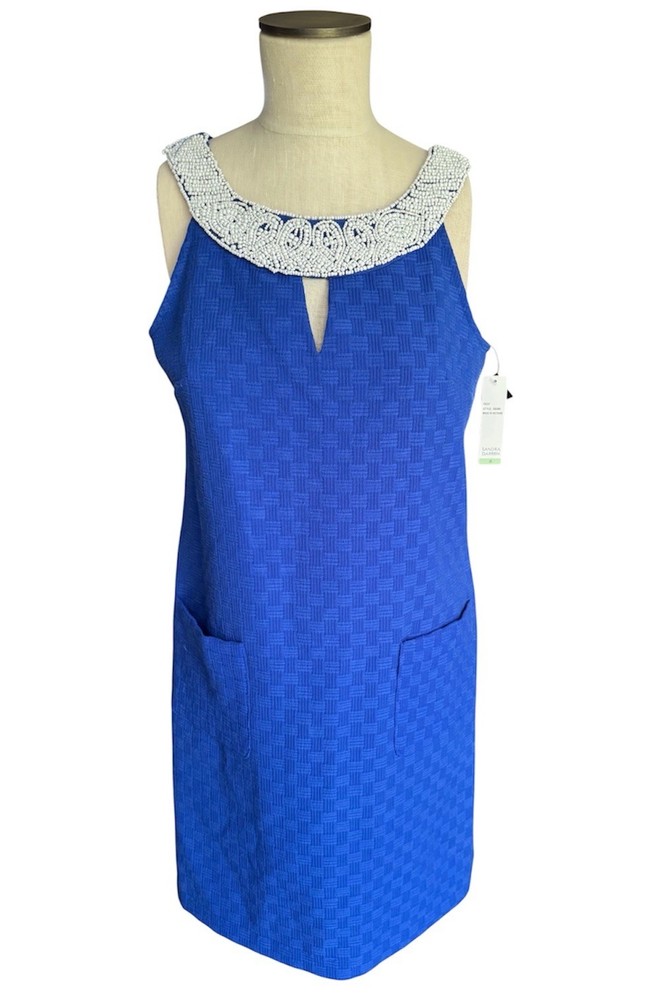NWT Sandra Darren Beaded Cobalt Blue Basket Weave Sleeveless Retro Dress Sz 8