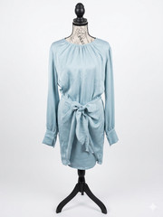 PrettyGarden Light Blue Satin Tie-Waist Long Sleeve Dress