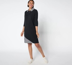 Sport Savvy Regular 3/4 Sleeve Pieced Stripe French Terry Collared Dress Black X