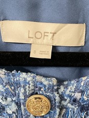 LOFT Tweed Mini Pocket Dress Light Blue Gold Button Fringe Old Money Class