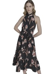 Falling Flowers Floral Halter Midi Dress Women’s Large Black Belted NWT