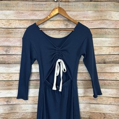 Free People Beach Navy Blue Waffle Open Ruched Back Tie Back Dress Size Medium