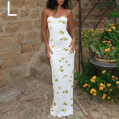 SheIn Women&rsquo;s L White Yellow Green Floral Maxi Dress Strapless Sleeveless