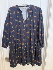 Nach Women’s Tiered Leopard & Palm Tree Print Dress Navy Long Sleeve Size XL