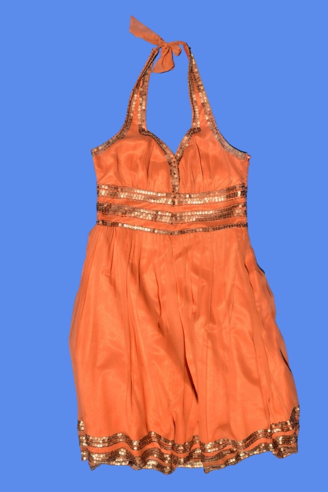 2000s Orange Silk Sequin Halter Dress
