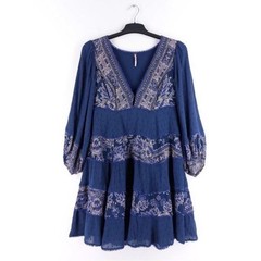 Free People Navy Embroidered Boho Mini Dress XS Balloon Sleeve