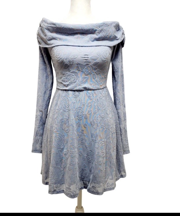 Blue Floral Jacquard Off-Shoulder Long Sleeve Dress Size XS