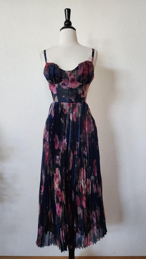 New Anthro Midi Dress New Size Small XS Navy Blue Floral Bustier Wedding Formal
