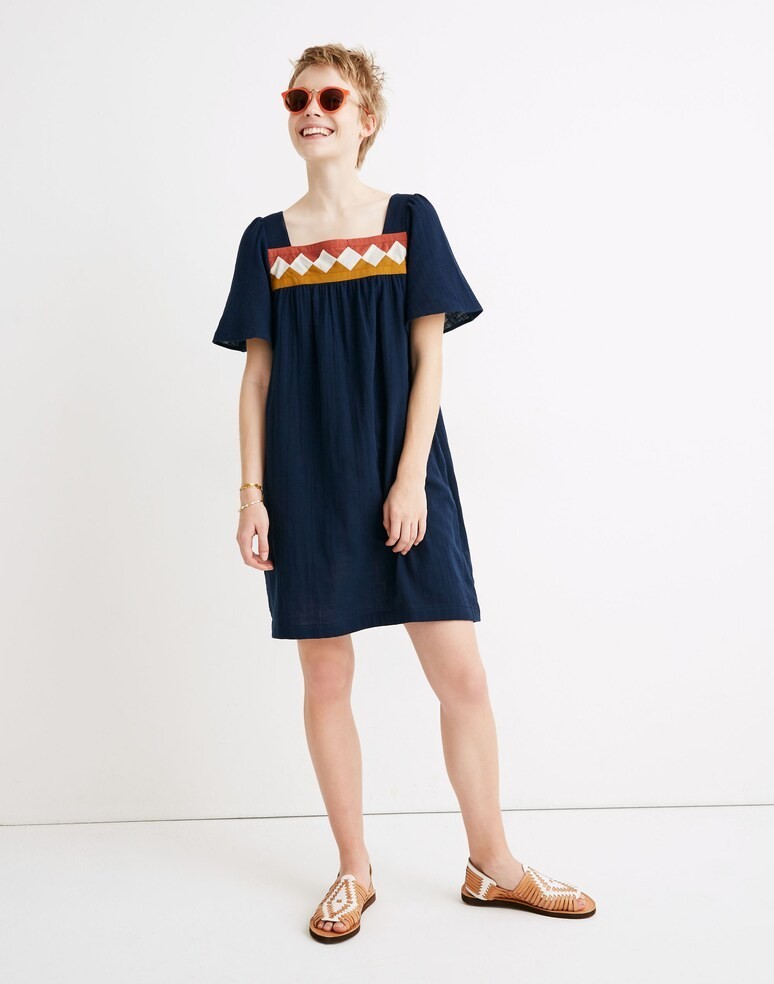 Madewell Patchwork Shift Mini Dress Size XXL Dark Nightfall Blue Pockets Cotton