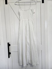 H&M white summer midi dress, ruched bodice and ruffles (size XS)